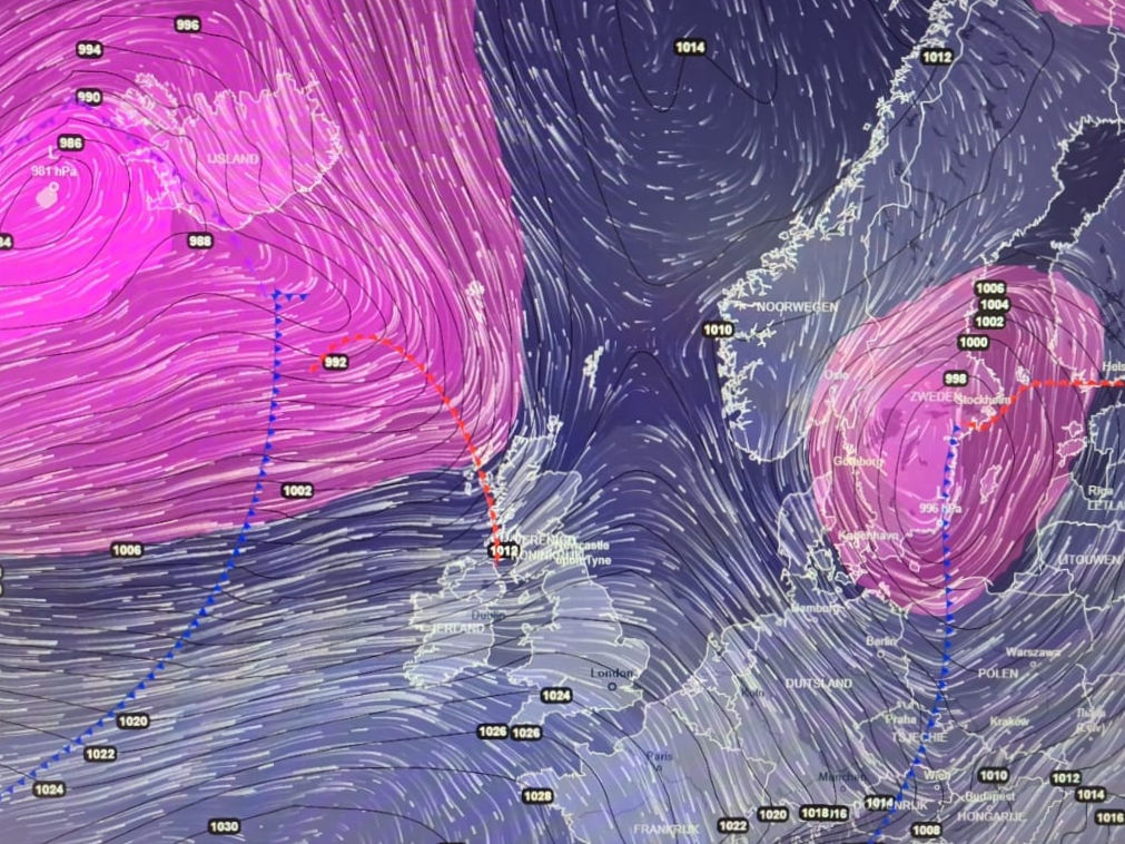 Wind en luchtdruk op 850 hPa, donderdagavond 8 oktober 2026
